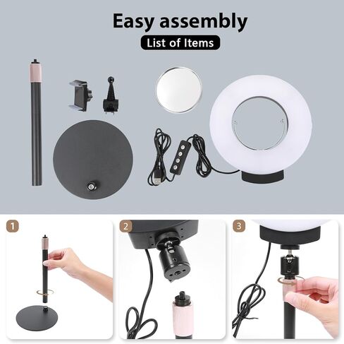 Desk Ring Light with Mirror & Stand, 4" HD Makeup Mirror 360° Rotatable,10W Dimmable LED Desk Lamp with Phone Holder & Stand,for Live Streaming,Makeup,Video,Zoom Call,Vlogging,TikTok in Kuwait
