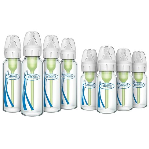 Dr. Brown's Anti-Colic Options + Narrow Glass Baby Bottle with Level 1 Slow Flow Nipple, BPA-Free, 0m+, 4 oz/120mL, 4-Pack + 8oz/250mL, 4-Pack in Kuwait