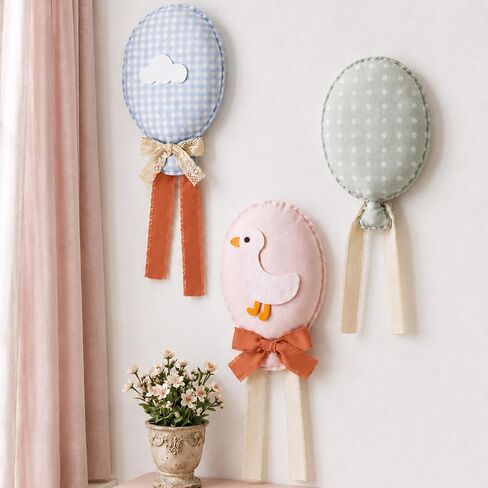Irenare 3 Pcs Plush Balloon Hanging Nursery Wall Decor Set Pastel Gingham Goose Cloud Polka Dot Fabric Baby Room Wall Hanging Decoration with Ribbon Bow for Baby Shower Gift in Kuwait