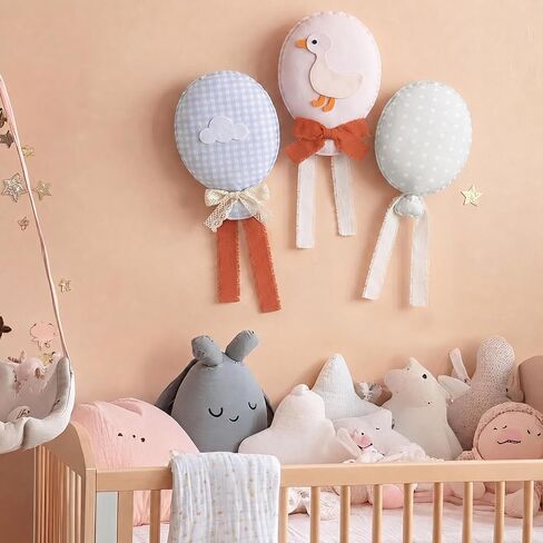 Irenare 3 Pcs Plush Balloon Hanging Nursery Wall Decor Set Pastel Gingham Goose Cloud Polka Dot Fabric Baby Room Wall Hanging Decoration with Ribbon Bow for Baby Shower Gift in Kuwait