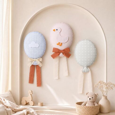 Irenare 3 Pcs Plush Balloon Hanging Nursery Wall Decor Set Pastel Gingham Goose Cloud Polka Dot Fabric Baby Room Wall Hanging Decoration with Ribbon Bow for Baby Shower Gift in Kuwait
