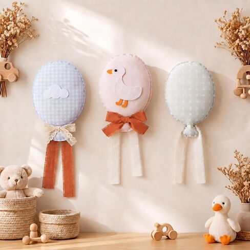 Irenare 3 Pcs Plush Balloon Hanging Nursery Wall Decor Set Pastel Gingham Goose Cloud Polka Dot Fabric Baby Room Wall Hanging Decoration with Ribbon Bow for Baby Shower Gift in Kuwait