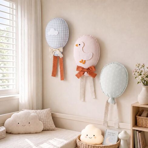 Irenare 3 Pcs Plush Balloon Hanging Nursery Wall Decor Set Pastel Gingham Goose Cloud Polka Dot Fabric Baby Room Wall Hanging Decoration with Ribbon Bow for Baby Shower Gift in Kuwait