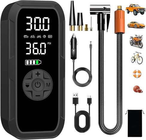 Corded/Cordless Portable Tire Inflator 12V DC, Portable Air Compressor 150PSI 6000mAh Long-Lasting Battery Rechargeable Electric Tire Pump, Digital Display & Dual LED Light for Car, Motor, Bike, Ball in Kuwait