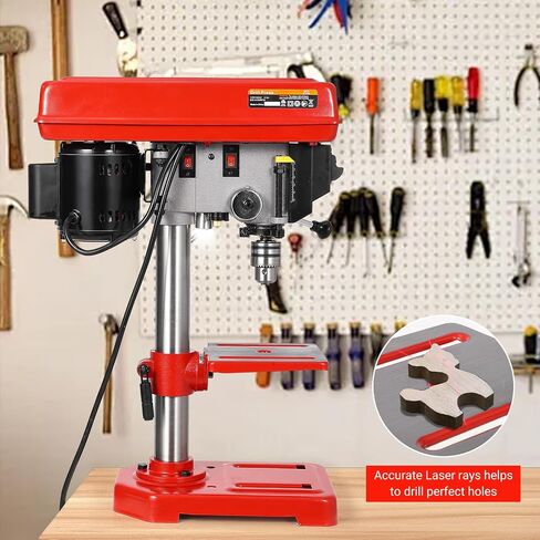 8" Benchtop Drill Press, Laser Ray (Class II Max. 1mW), Tabletop Drilling Machine with 5 Adjustable Speeds (620 to 3100 RPM), 0-45°Tilting Worktable with LED Light (1W), for Wood or Metal in Kuwait