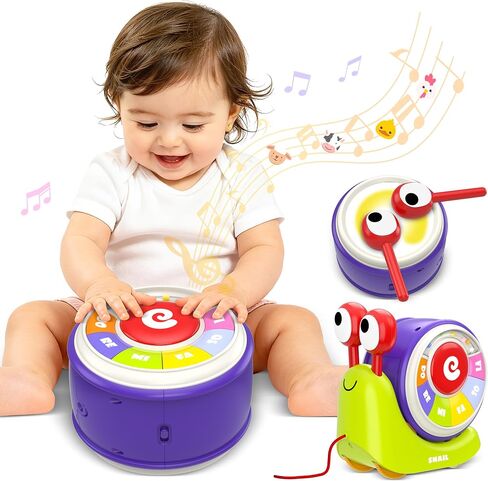 3 in 1 Musical Toddler Toys for 1-3 Year Old, Pull Along Snail Toy with Baby Piano and Light Up Drum Set, Early Learning Developmental Toys, Sensory Baby Toys and Birthday Gifts for Toddlers in Kuwait