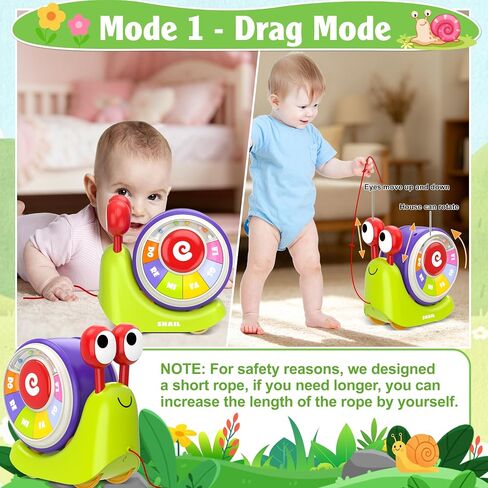 3 in 1 Musical Toddler Toys for 1-3 Year Old, Pull Along Snail Toy with Baby Piano and Light Up Drum Set, Early Learning Developmental Toys, Sensory Baby Toys and Birthday Gifts for Toddlers in Kuwait