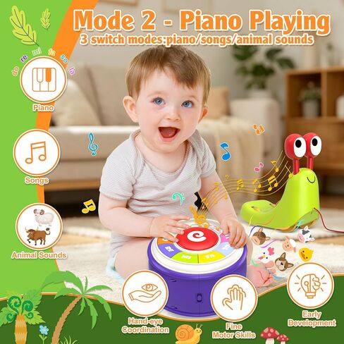 3 in 1 Musical Toddler Toys for 1-3 Year Old, Pull Along Snail Toy with Baby Piano and Light Up Drum Set, Early Learning Developmental Toys, Sensory Baby Toys and Birthday Gifts for Toddlers in Kuwait