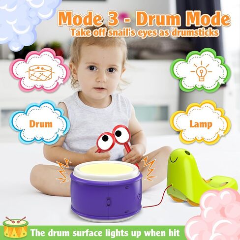 3 in 1 Musical Toddler Toys for 1-3 Year Old, Pull Along Snail Toy with Baby Piano and Light Up Drum Set, Early Learning Developmental Toys, Sensory Baby Toys and Birthday Gifts for Toddlers in Kuwait