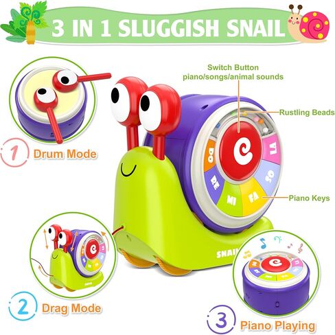 3 in 1 Musical Toddler Toys for 1-3 Year Old, Pull Along Snail Toy with Baby Piano and Light Up Drum Set, Early Learning Developmental Toys, Sensory Baby Toys and Birthday Gifts for Toddlers in Kuwait