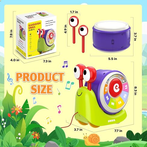 3 in 1 Musical Toddler Toys for 1-3 Year Old, Pull Along Snail Toy with Baby Piano and Light Up Drum Set, Early Learning Developmental Toys, Sensory Baby Toys and Birthday Gifts for Toddlers in Kuwait