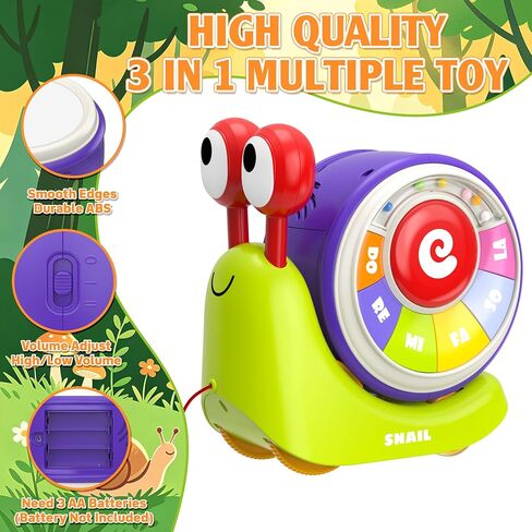 3 in 1 Musical Toddler Toys for 1-3 Year Old, Pull Along Snail Toy with Baby Piano and Light Up Drum Set, Early Learning Developmental Toys, Sensory Baby Toys and Birthday Gifts for Toddlers in Kuwait
