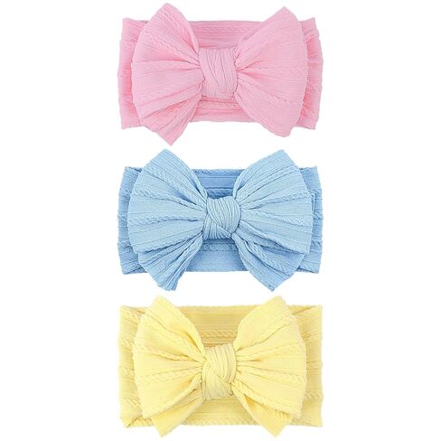 LemonSpace Handmade Baby Girls Nylon Headbands with Bows for Newborn Kids | Soft Stretchy Hair Accessories for Newborn Baby Girls Infant Toddlers Kids(Light Pink Blue Yellow mix) in Kuwait