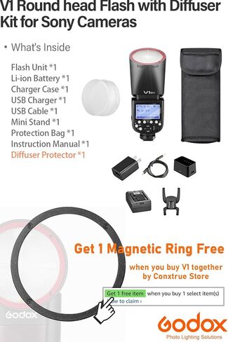 Godox V1 S V1-S Flash with Diffuser Kit for Sony Camera, 76Ws 2.4G HSS TTL Round Head Flash, 1.5s Recycle Time, 480 Full Power Flashes, Li-ion Battery, Modeling Lamp for Portrait & Event Photography in Kuwait