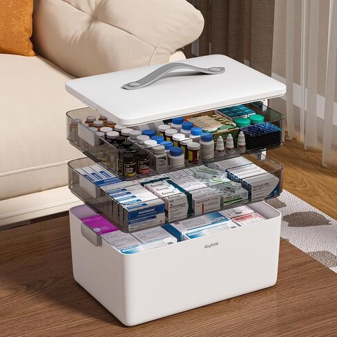 JOYBOS 4-Tier Medicine Organizer Storage Box with Lid and Leather Handle, Portable Latch Bin for Pill Bottle, First Aid, Sewing, Art, Craft in Kuwait