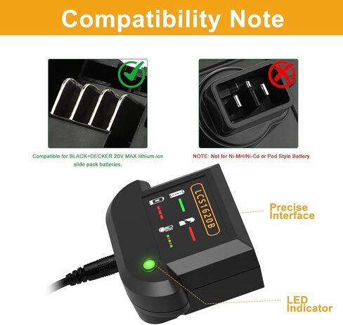 LCS1620B 20V Lithium Battery Charger, Compatible with Black & Decker 20V Lithium Battery LBXR20 LBX4020 LBX20, 1A Split‑Style Larger‑Size Charger in Kuwait