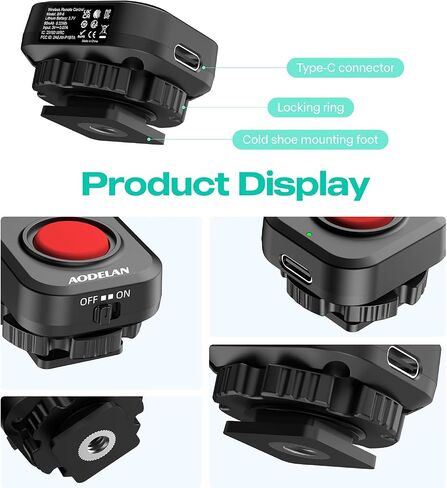 AODELAN Wireless and Wired USB-C Rechargeable Camera Video Remote Control | Recording with One-Button Record and Cold Shoe Mount, Compatible with Canon EOS R50 R10, for Sony ZV-E10, for Nikon Z30 in Kuwait