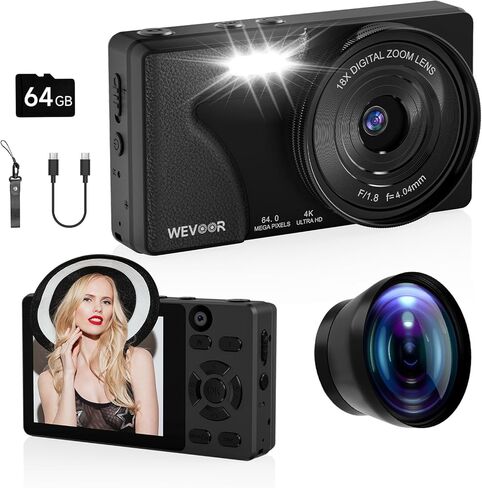 64MP 4K Vlogging Camera, 64GB Fast Autofocus Digital Camera with Dual Cam, Wide Lens, 2000mAh Battery and 18X Digital Zoom - Ideal for YouTube, Tiktok, Travel, Beginners Video Recording Creation in Kuwait