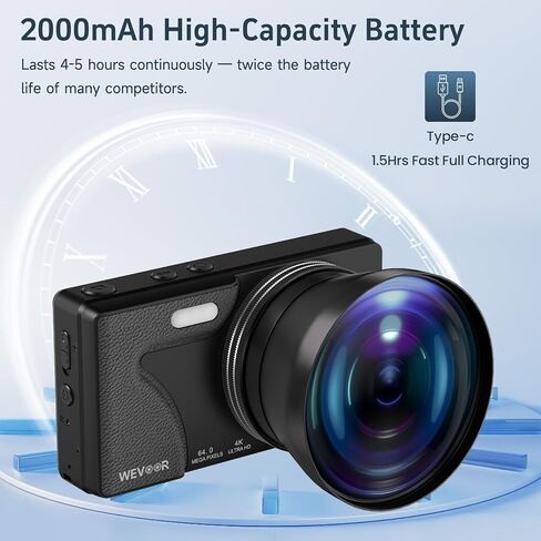 64MP 4K Vlogging Camera, 64GB Fast Autofocus Digital Camera with Dual Cam, Wide Lens, 2000mAh Battery and 18X Digital Zoom - Ideal for YouTube, Tiktok, Travel, Beginners Video Recording Creation in Kuwait