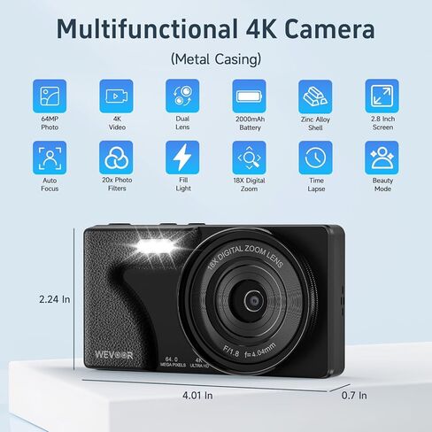64MP 4K Vlogging Camera, 64GB Fast Autofocus Digital Camera with Dual Cam, Wide Lens, 2000mAh Battery and 18X Digital Zoom - Ideal for YouTube, Tiktok, Travel, Beginners Video Recording Creation in Kuwait