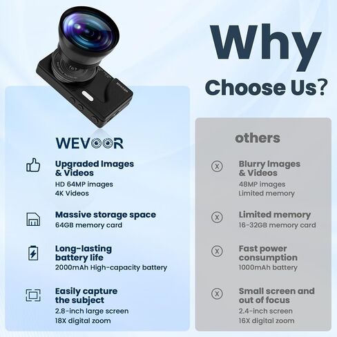 64MP 4K Vlogging Camera, 64GB Fast Autofocus Digital Camera with Dual Cam, Wide Lens, 2000mAh Battery and 18X Digital Zoom - Ideal for YouTube, Tiktok, Travel, Beginners Video Recording Creation in Kuwait