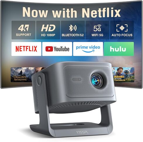 【Now with Netflix & 3000ANSI】Smart 4K Projector with WiFi and Bluetooth, VISSPL 3D Dolby Audio and Auto Focus Portable Outdoor Projector, Movie Home Theater Projectors TV Lamp Bulb for Bedroom/Ceiling in Kuwait