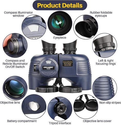Marine Binoculars 10x50 Waterproof with Compass Rangefinder BAK4 for Adults | BAK4 FMC Optics for Clear Views, Built-in Compass and Rangefinder, Waterproof Perfect for Boating Sailing Fishing Hunting in Kuwait