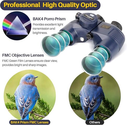 Marine Binoculars 10x50 Waterproof with Compass Rangefinder BAK4 for Adults | BAK4 FMC Optics for Clear Views, Built-in Compass and Rangefinder, Waterproof Perfect for Boating Sailing Fishing Hunting in Kuwait