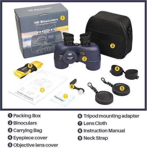 Marine Binoculars 10x50 Waterproof with Compass Rangefinder BAK4 for Adults | BAK4 FMC Optics for Clear Views, Built-in Compass and Rangefinder, Waterproof Perfect for Boating Sailing Fishing Hunting in Kuwait