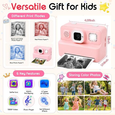 Instant Print Camera for Kids, 1080P Kids Camera Instant Print, Christmas Birthday Gifts for Kids Girls Age 3-12, Toddler Toy for 3 4 5 6 7 8 9 10 Year Old with 4 Roller Photo Paper (Pink) in Saudi Arabia