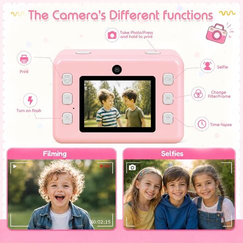 Instant Print Camera for Kids, 1080P Kids Camera Instant Print, Christmas Birthday Gifts for Kids Girls Age 3-12, Toddler Toy for 3 4 5 6 7 8 9 10 Year Old with 4 Roller Photo Paper (Pink) in Saudi Arabia