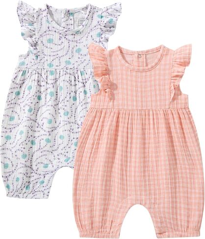 TRND O&X Baby Girl 2-Pack Cotton Gauze Rompers, Floral & Gingham Ruffle Sleeve Summer Playsuits in Saudi Arabia