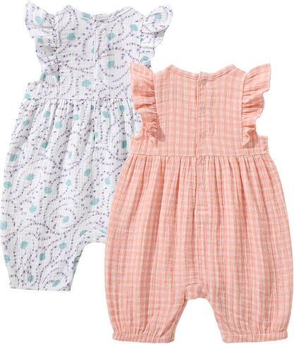 TRND O&X Baby Girl 2-Pack Cotton Gauze Rompers, Floral & Gingham Ruffle Sleeve Summer Playsuits in Saudi Arabia