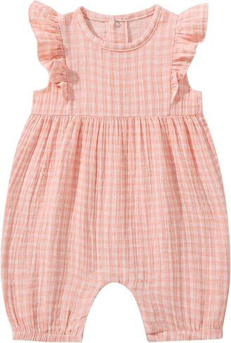 TRND O&X Baby Girl 2-Pack Cotton Gauze Rompers, Floral & Gingham Ruffle Sleeve Summer Playsuits in Saudi Arabia