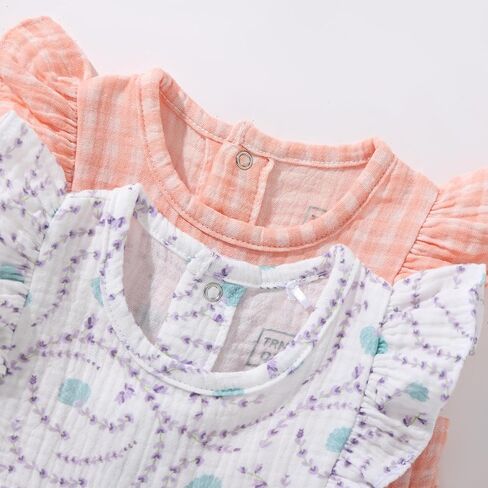 TRND O&X Baby Girl 2-Pack Cotton Gauze Rompers, Floral & Gingham Ruffle Sleeve Summer Playsuits in Saudi Arabia