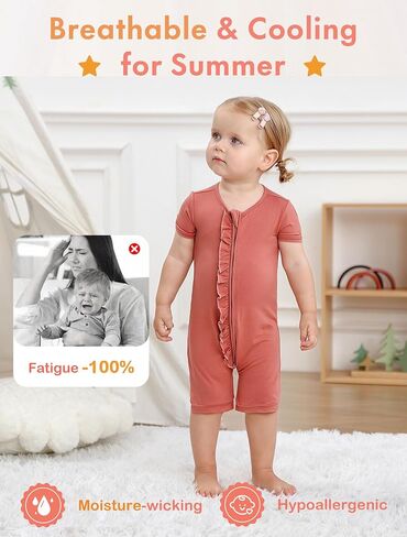 JunNeng Rayon Viscose from Bamboo Baby Zipper Romper,Soft Jumpsuit Short Sleeve One Piece Coverall for Boy Girl Maroon+Apricot 12-18 Months in Saudi Arabia