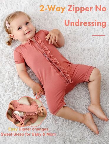 JunNeng Rayon Viscose from Bamboo Baby Zipper Romper,Soft Jumpsuit Short Sleeve One Piece Coverall for Boy Girl Maroon+Apricot 12-18 Months in Saudi Arabia
