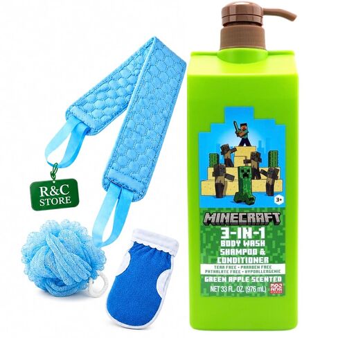 R&C Store Essentials Home Kids 3-in-1 Mine_craft Kids Bath Bundle – 3-in-1 Body Wash Shampoo Conditioner 33 fl oz + Bath Sponge + Exfoliating Scrubbers + Bath Mitt – Set Gift Bundle in Saudi Arabia