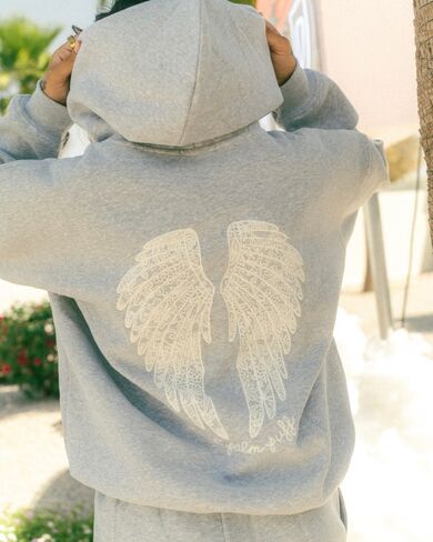 Pink Palm Puff "Lacy" Hoodie in Sky Grey in Kuwait