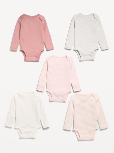 Old Navy Long-Sleeve Bodysuit 5-Pack for Baby - Pastel Pink in Kuwait