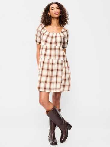 Old Navy Puff-Sleeve Smocked Mini Swing Dress - Cream/Brown Plaid in Kuwait