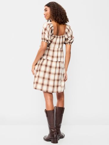 Old Navy Puff-Sleeve Smocked Mini Swing Dress - Cream/Brown Plaid in Kuwait