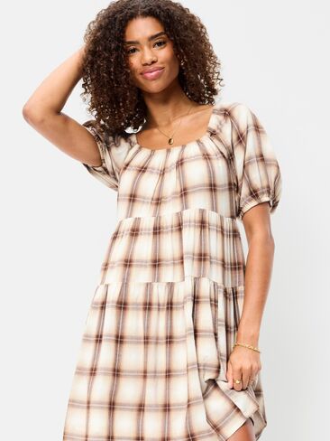 Old Navy Puff-Sleeve Smocked Mini Swing Dress - Cream/Brown Plaid in Kuwait