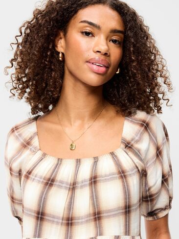 Old Navy Puff-Sleeve Smocked Mini Swing Dress - Cream/Brown Plaid in Kuwait