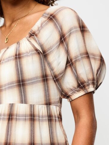 Old Navy Puff-Sleeve Smocked Mini Swing Dress - Cream/Brown Plaid in Kuwait