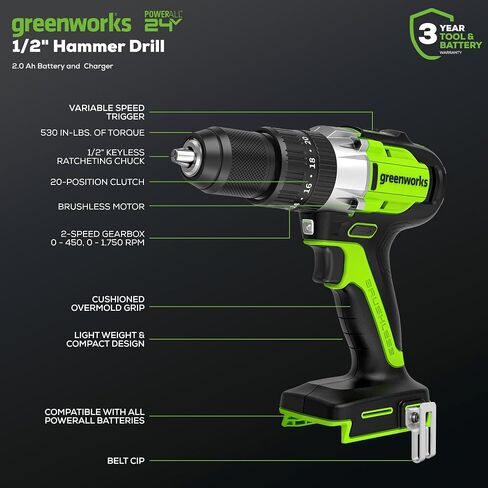Greenworks 24V Brushless 1/2" Hammer Drill (530 in-lbs.) 2.0Ah Battery and Charger Included, DDG402 in Kuwait