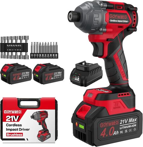 Cordless Impact Driver 2655In-lbs(300N·m) - 21V 1/4" Hex Chuck Brushless Hand Impact Driver With 2 x 4.0Ah Battery & Charger & 14 x Sockets Set & 10 x Screwdriver Bits for Home Projects & DIY in Kuwait