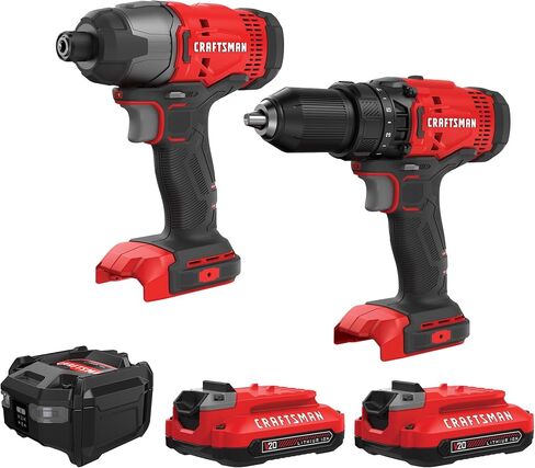 CRAFTSMAN V20 MAX Cordless Drill Driver and Impact Driver Set, Power Tool Set with 2 Batteries and Charger, LED Work Light, 2 Bits, Bag (CMCK200C2) in Kuwait