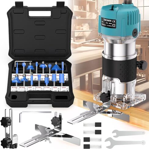 TwoWin Router Tool, 110V-120V 800W Compact Wood Router Tool for Woodworking, Electric Hand Trimmer 1/4" Collets Palm Wood Router Tools Laminate Trimmer + Tungsten Carbide Router Bits 15-Piece Set in Kuwait