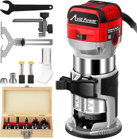 AVID POWER 6.5 Amp 1.25 HP Compact Router Tools for Woodworking, Fixed Base Wood Router with Trim Router Bits, 6 Variable Speeds, Edge Guide, Roller Guide, Dust Hood (Red, 65mm) in Saudi Arabia